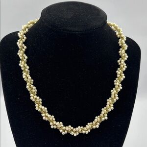 Vintage Twisted Faux 3"mm Pearl & Gold Bead16” Choker Necklace
